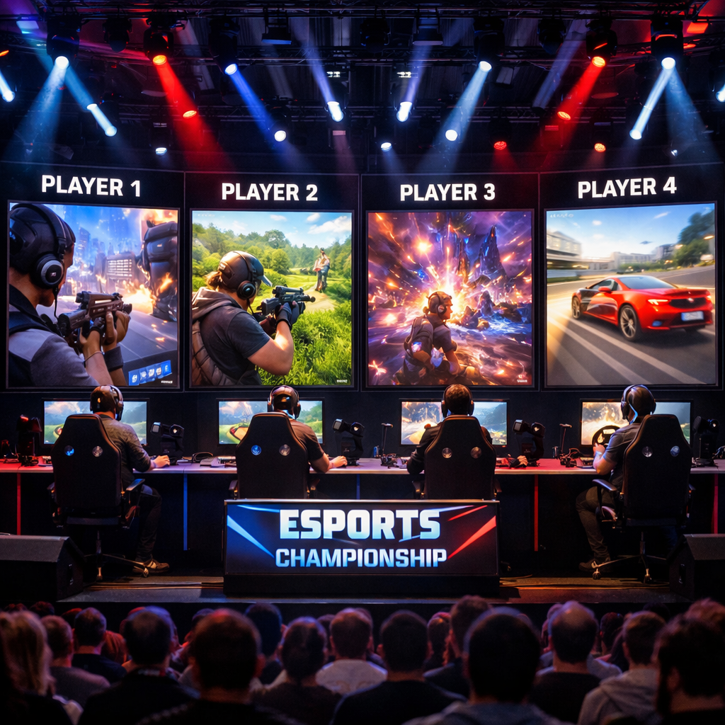 video game competition with large screens for each player